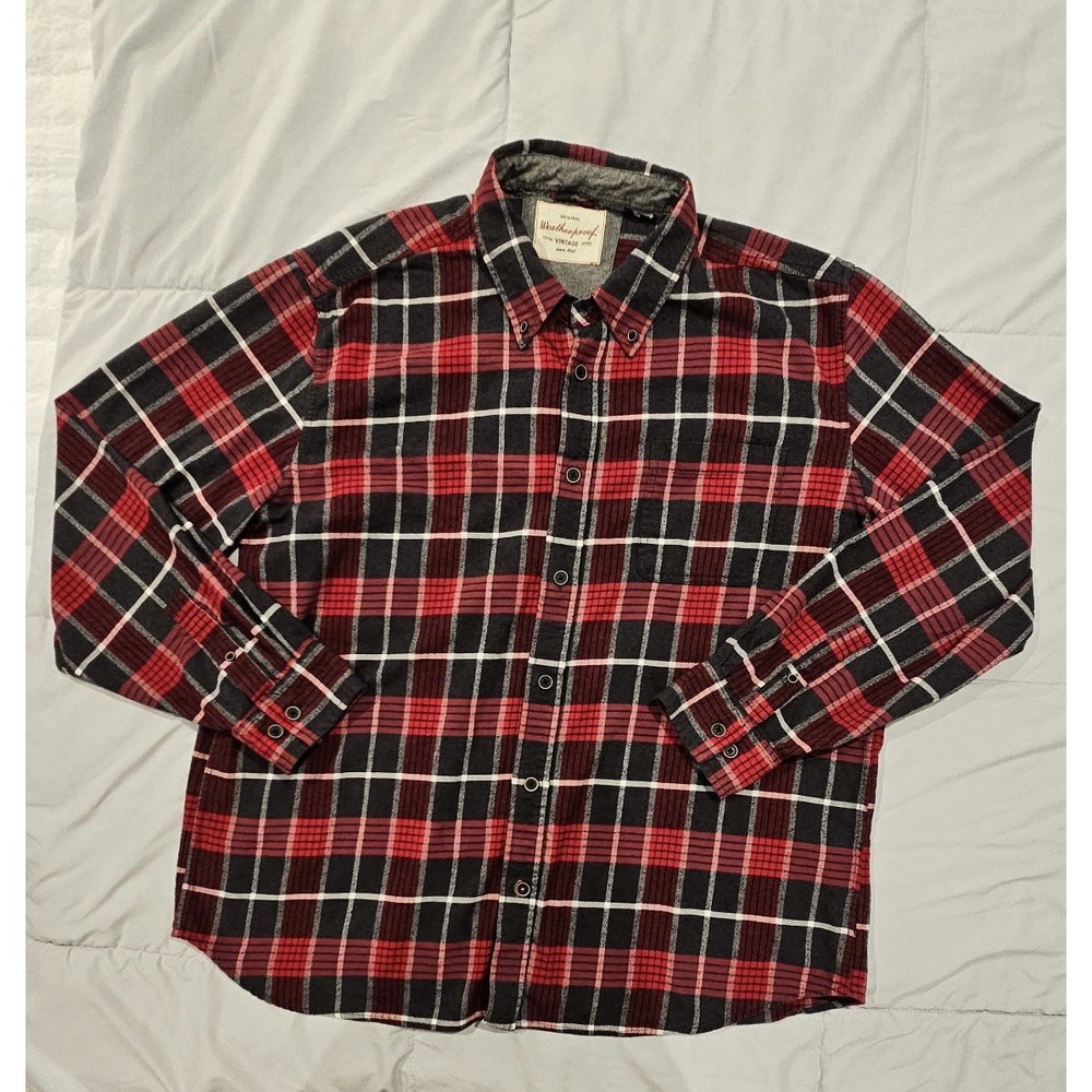 Original Weatherproof Vintage Red & Black Plaid Flannel Shirt 100% Cotton XL